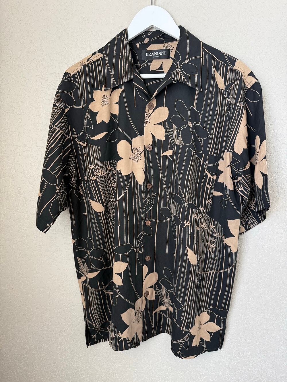 Brandini 100% Silk Button Down Shirt Size Large Floral Hawaiian Vacation